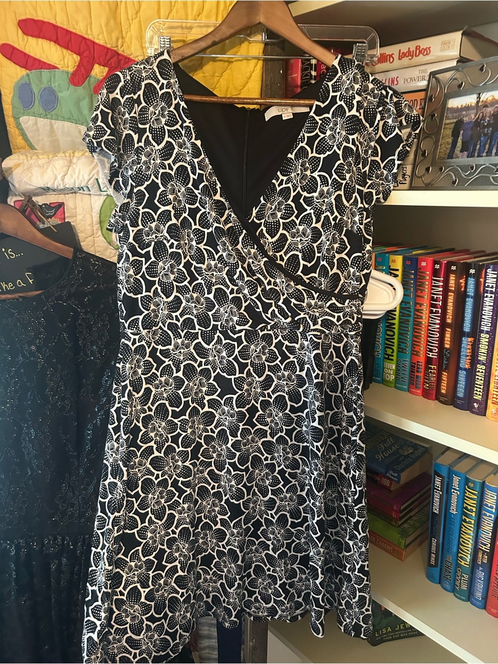 LOFT Black and White Floral Wrap Mini Dress